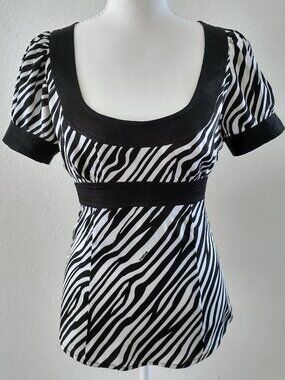 Vtg Y2K BEBE 95% Silk Zebra Babydoll Empire Waist Top Ribbon Tie Back XS Flawed